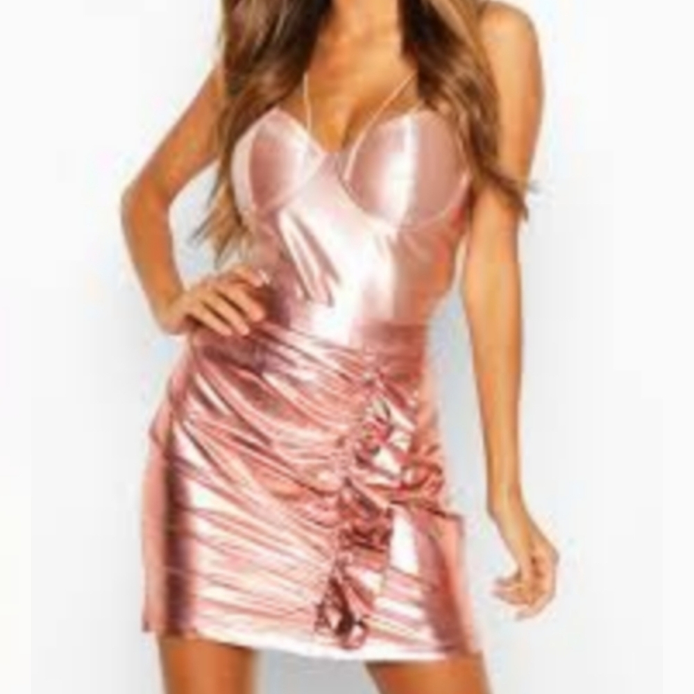 NWT ROSE GOLD METALLIC SIDE RUFFLE RUCHED MINI SKIRT - Picture 2 of 13